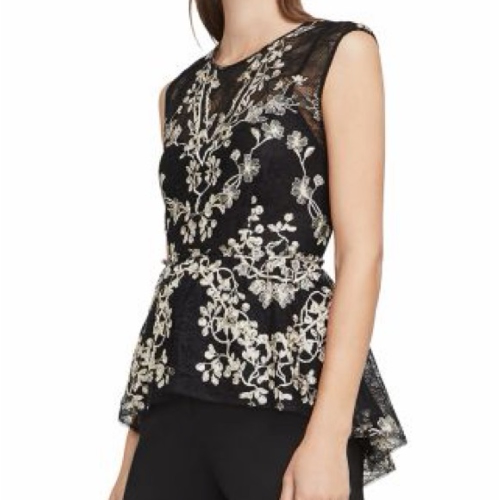 BCBGMAXAZRIA Jaxie Embroidered Lace Peplum Top